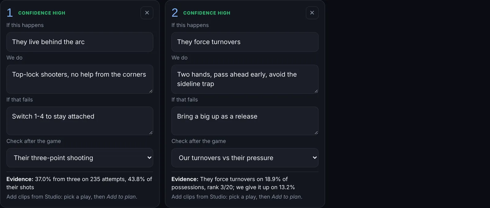 Game plan decision cards with evidence and confidence