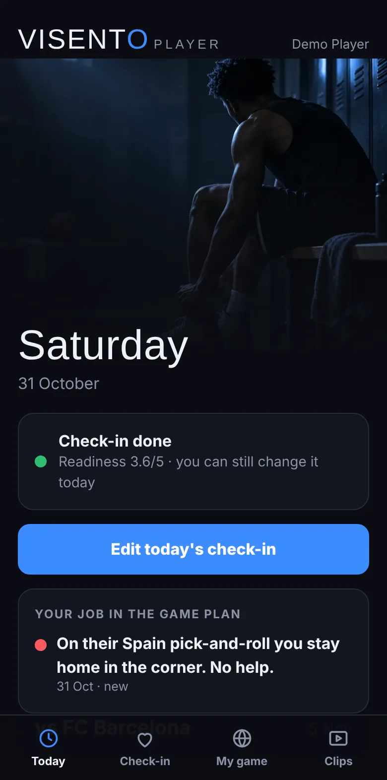 Player app home screen with check-in and game plan task